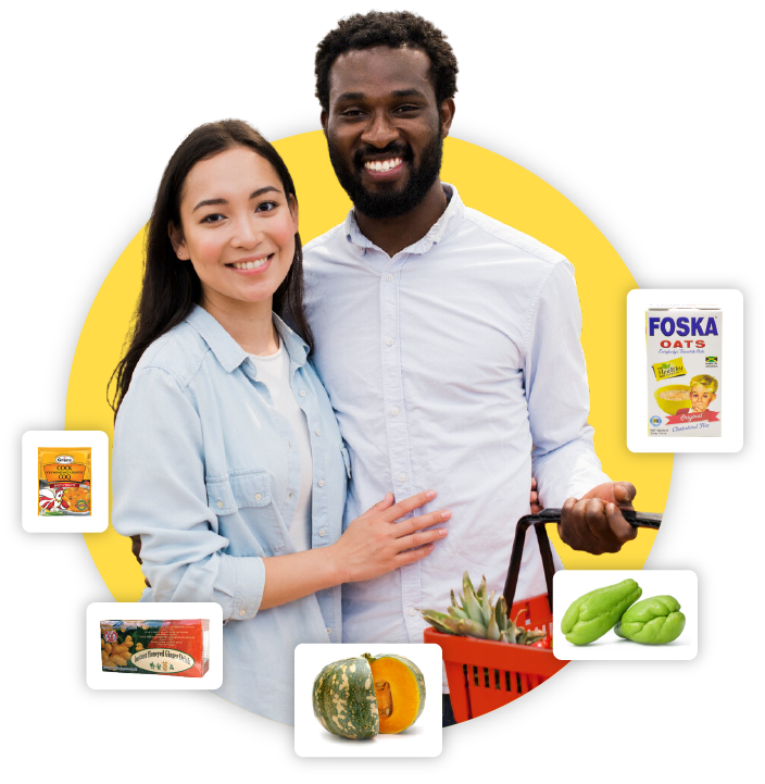 happy smiling diverse couple. man is holding a red grocery basket