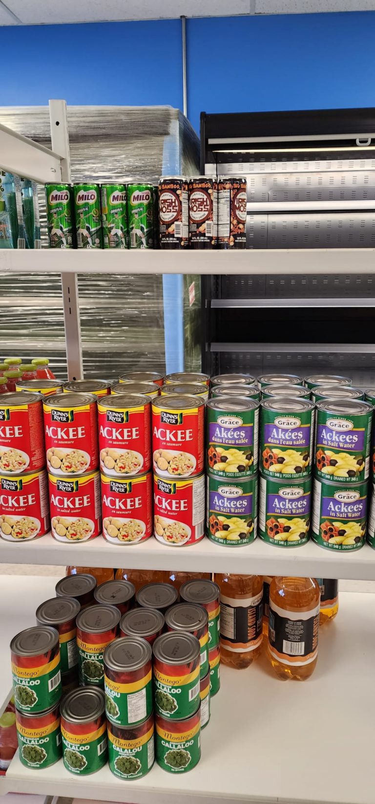 Close up shot of groceries on the shelves of Sunshine Grocers West Indian Store