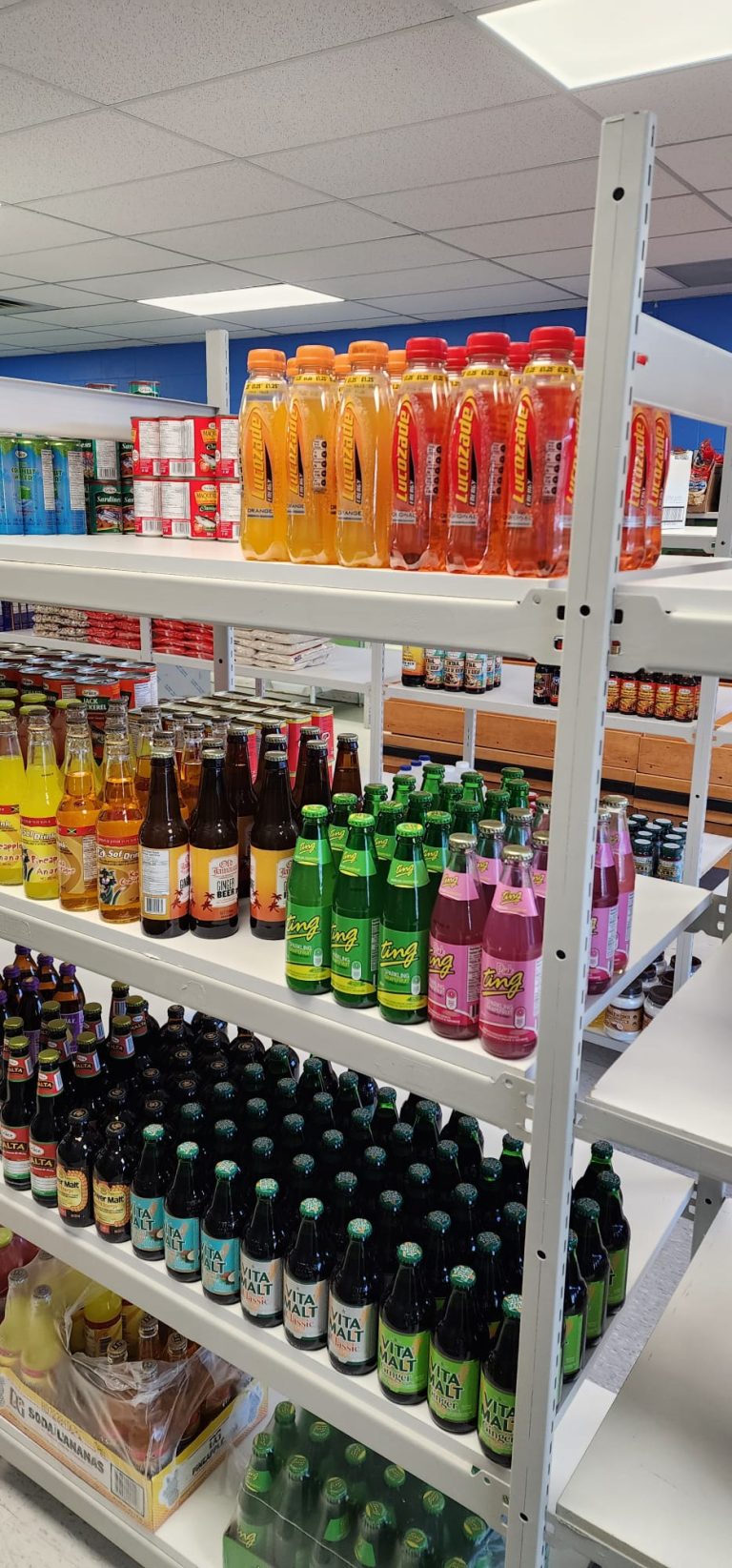 Close up shot of groceries on the shelves of Sunshine Grocers West Indian Store