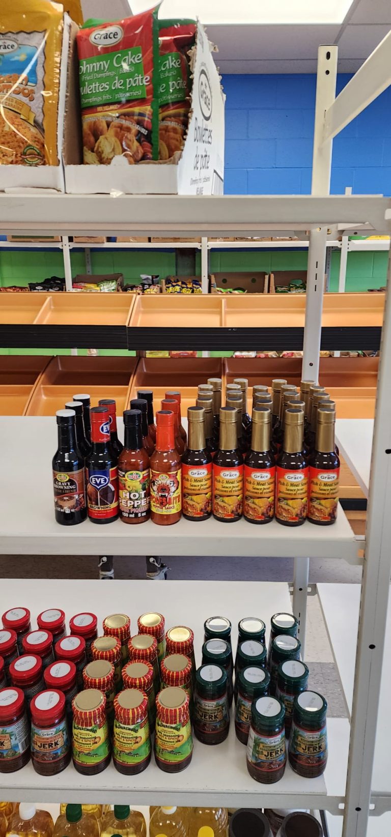 Close up shot of groceries on the shelves of Sunshine Grocers West Indian Store